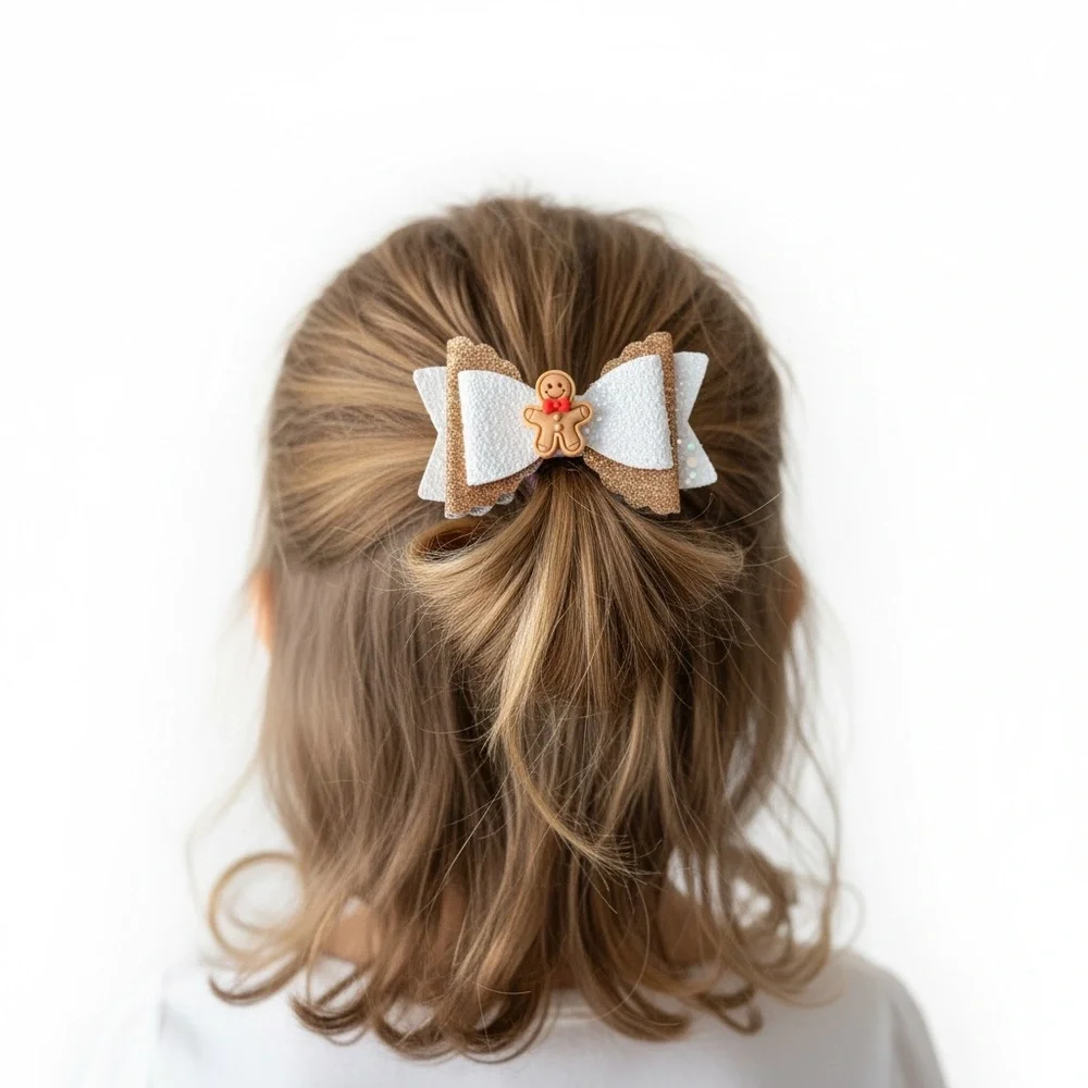 Brown and White Gingerbread Hair Bow Clip for Kids